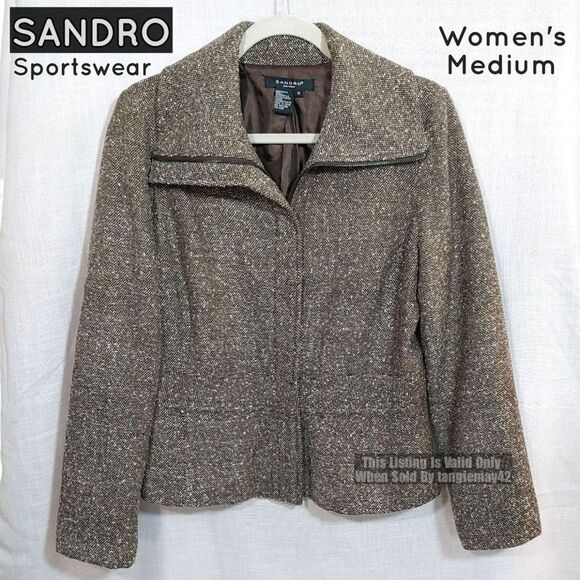 Sandro Sportswear Brown Tweed Zip Up Blazer Sport Coat Womens Medium Jacket EUC - Picture 1 of 10
